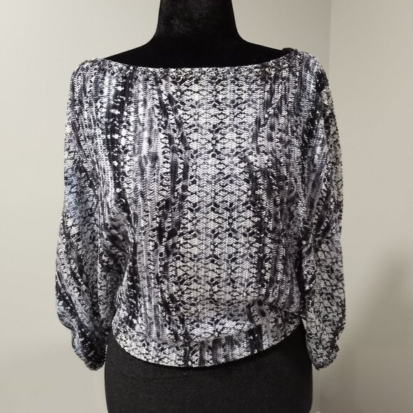 ALBERTO MAKALI BLACK/WHITE BOAT NECK EMBELLISHED BATWING WOMEN TOP SIZE M - Picture 1 of 11